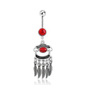 Ruby Red Stone & Crystal Feather Dangle Navel Ring