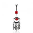 Ruby Red Stone & Crystal Feather Dangle Navel Ring