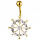 Gold Ships Wheel Clear Crystal Belly Ring