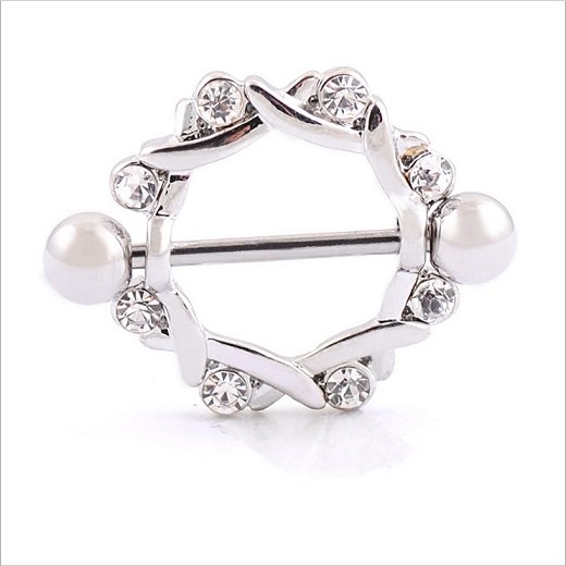 Pair ~ Silver Round Crystal Silver Nipple Bars
