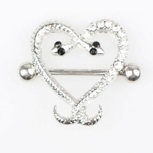 Pair ~ Silver Black Eyes Crystal Snake Heart Nipple Bar