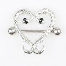 Pair ~ Silver Black Eyes Crystal Snake Heart Nipple Bar