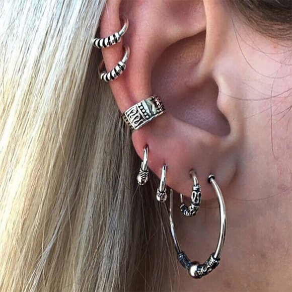 7 Silver Drop Hoops Earrings