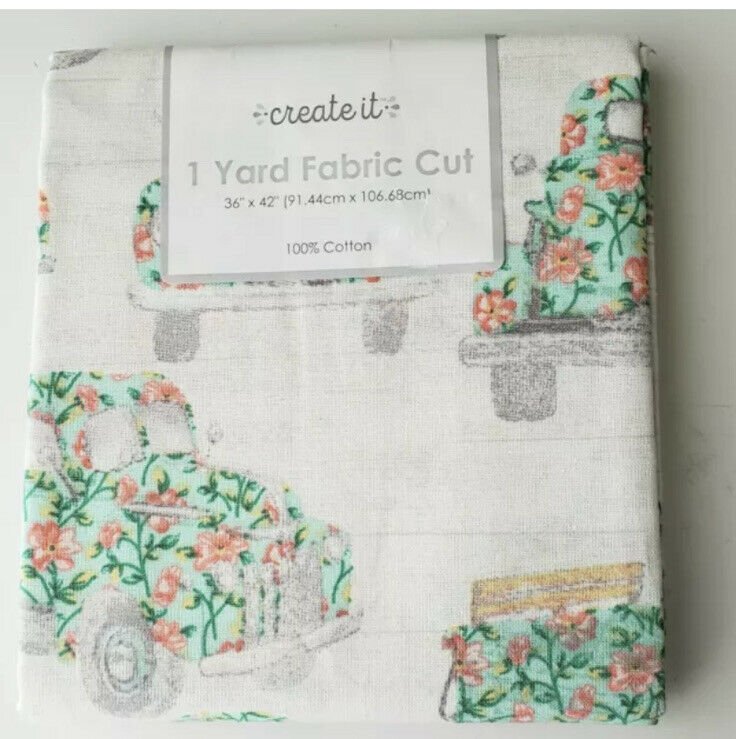 Create It Fabric Vintage Truck Floral Flowers Aqua Teal 100% Cotton 1 Yard Cut