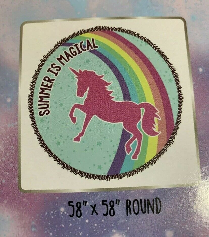 ROUND UNICORN CIRCLE SHAPED BEACH TOWEL 58" X 58" NWT "SUMMER IS MAGICAL" POOL