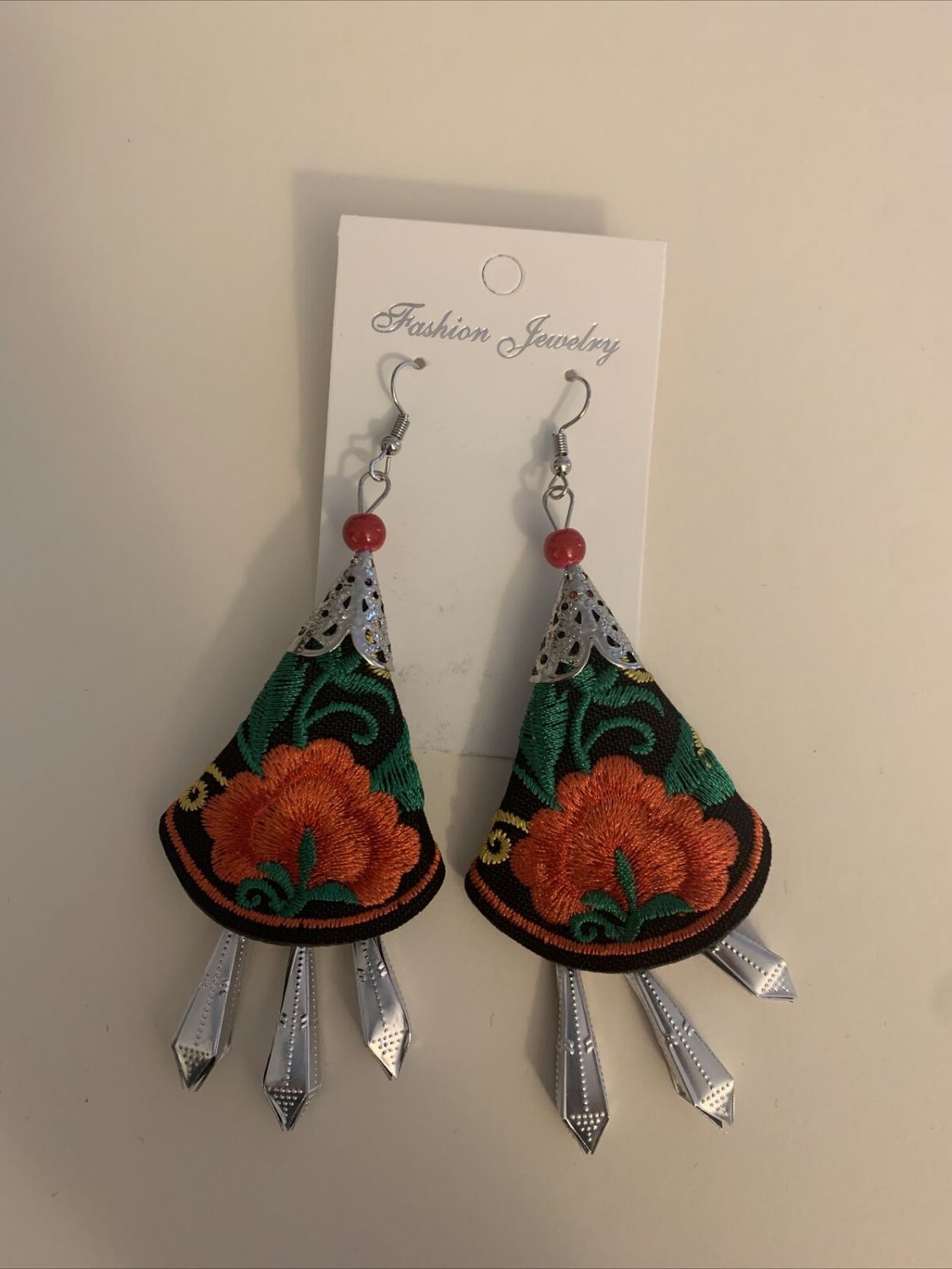 Embroidered Earrings Hook Red Green Black Floral With Aluminum Teardrops
