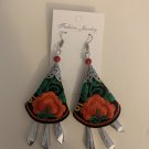 Embroidered Earrings Hook Red Green Black Floral With Aluminum Teardrops