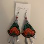 Embroidered Earrings Hook Red Green Black Floral With Aluminum Teardrops