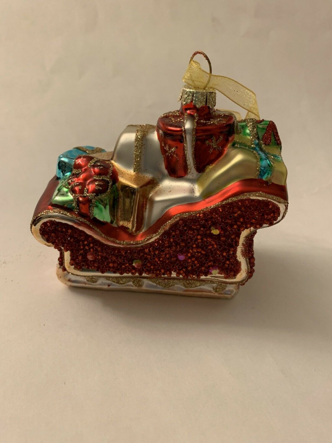 Sleigh Shaped Christmas Tree Ornament Mercury Glass White Beaded Glitter
