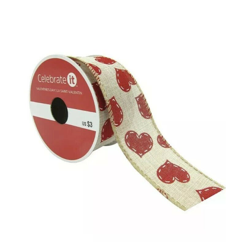 Celebrate It 1.5" Faux Lined Wired Ribbon Red Stitched Hearts Crafts New
