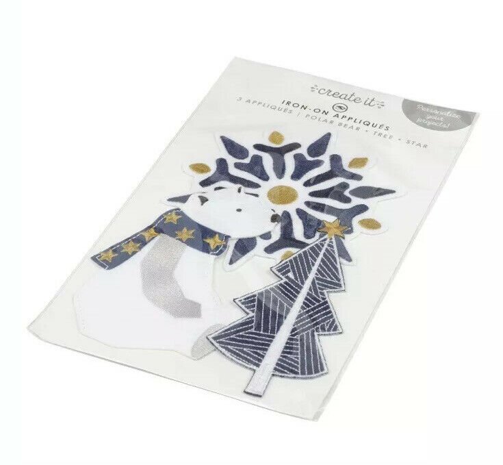 CREATE IT IRON-ON APPLIQUES POLAR Bear SNOWFLAKE TREE Blue And White