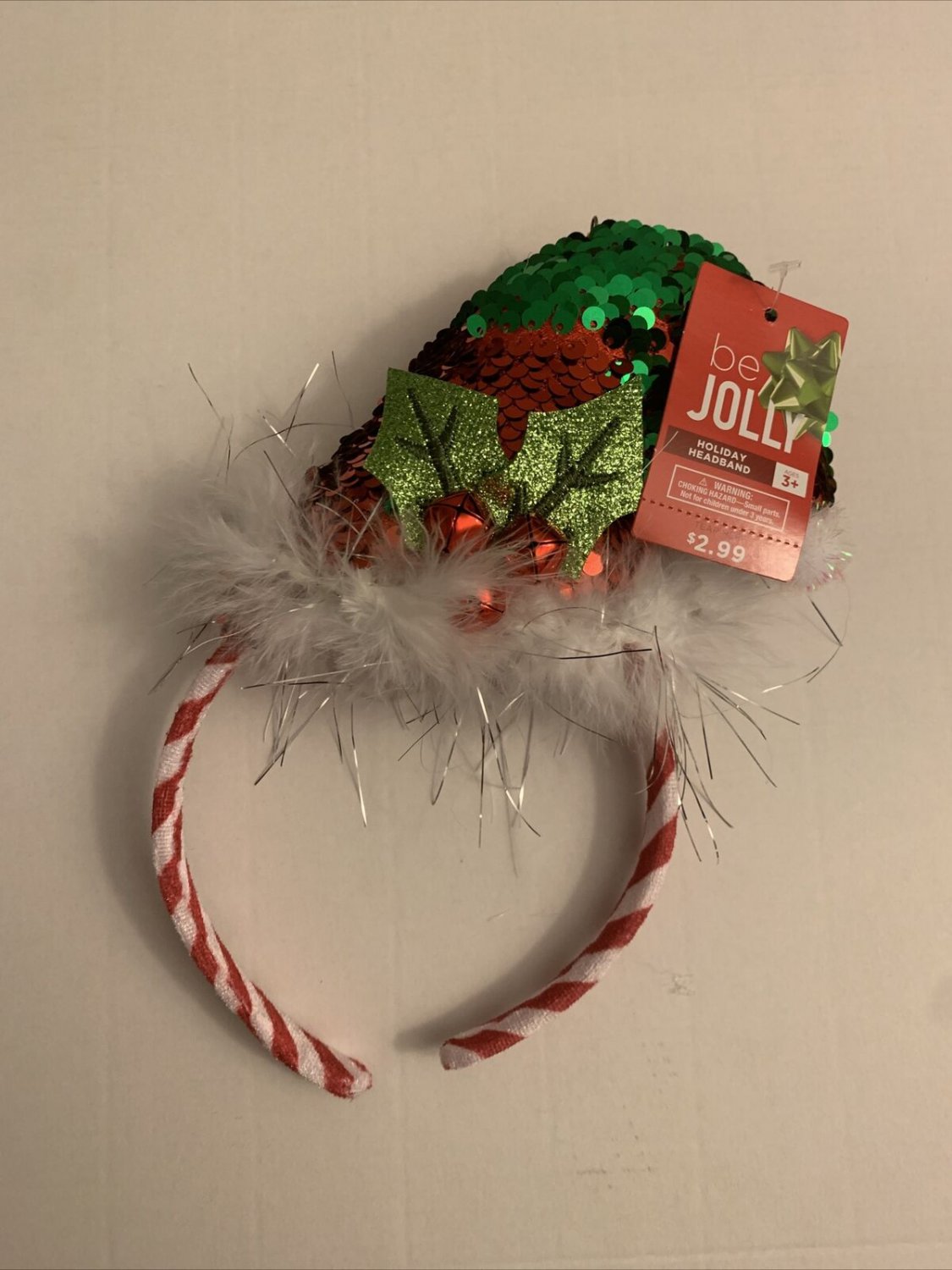 Christmas Holiday Headband Santa Hat fur candy cane stripe red & green sequin