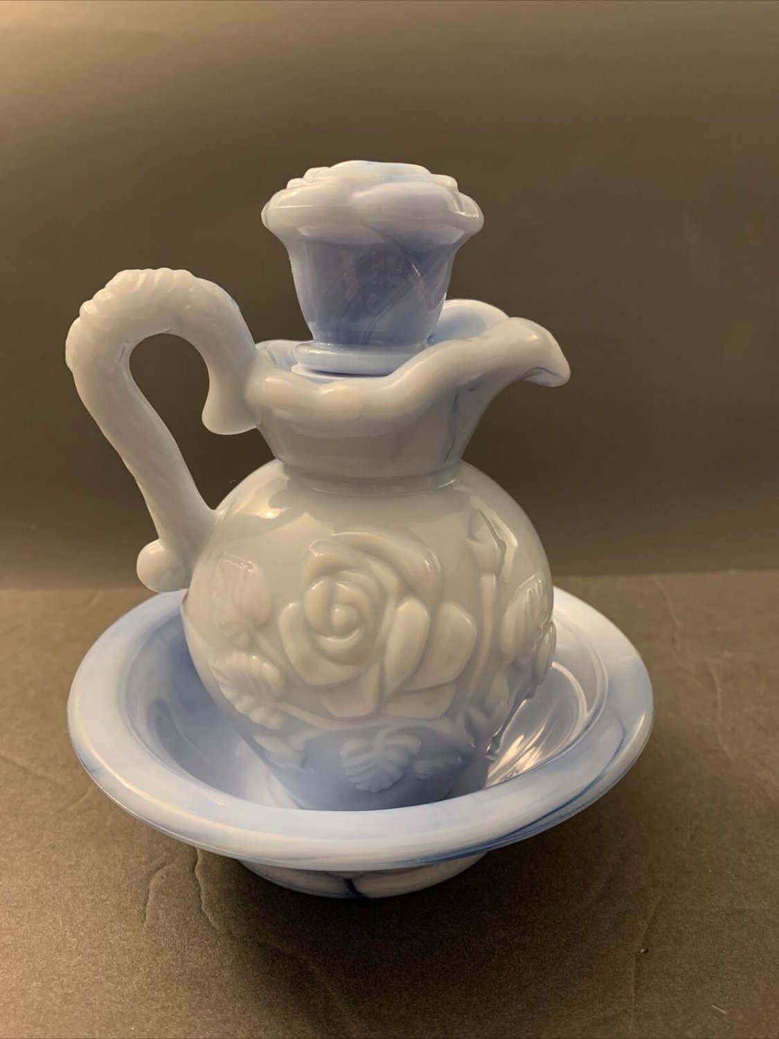 Avon Blue Glass Marbleized Victorian Rose Embossed Pitcher and Wash Basin 1978