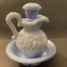 Avon Blue Glass Marbleized Victorian Rose Embossed Pitcher and Wash Basin 1978