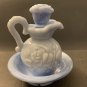 Avon Blue Glass Marbleized Victorian Rose Embossed Pitcher and Wash Basin 1978