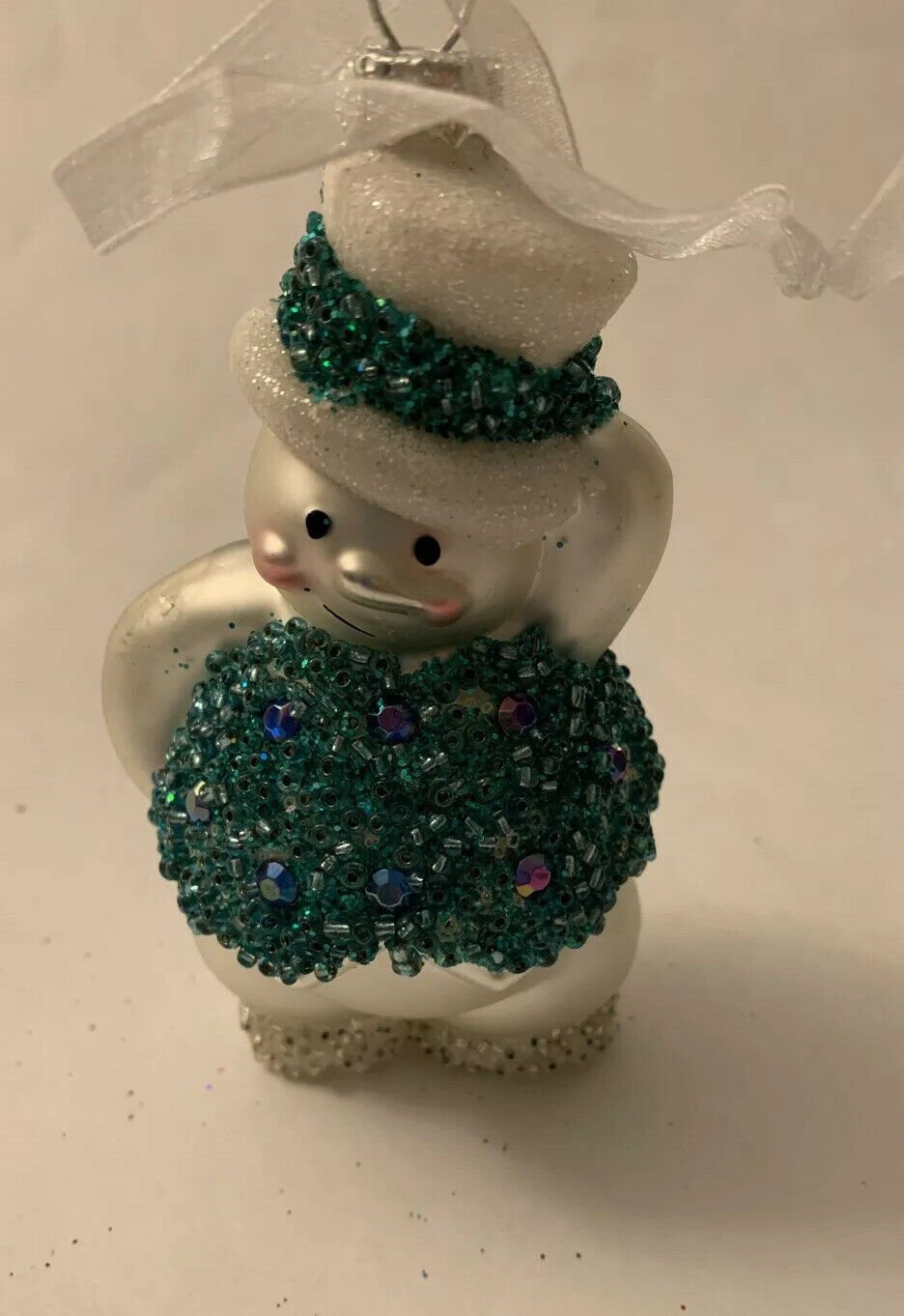 Snowman Shaped Christmas Tree Ornament Mercury Glass White Beaded Glitter