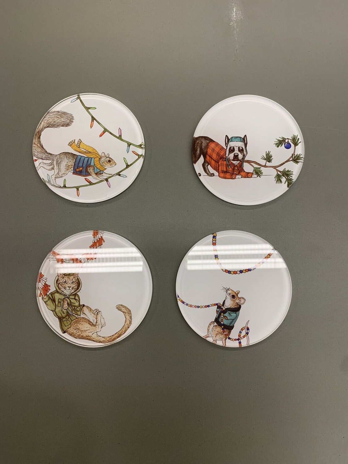 West Elm Rachel Kozlowski Dapper Animals 4 Holiday Coasters NWT! Cat Dog Mouse