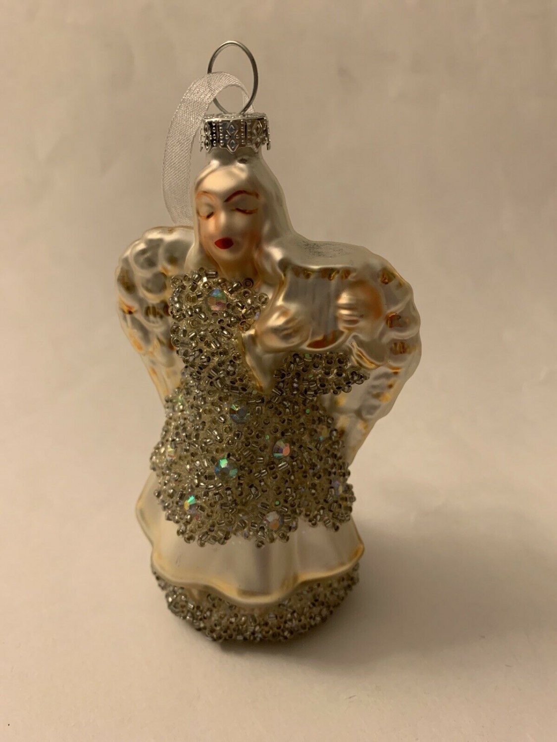 Gold Angel Shaped Christmas Tree Ornament Mercury Glass White Beaded Glitter