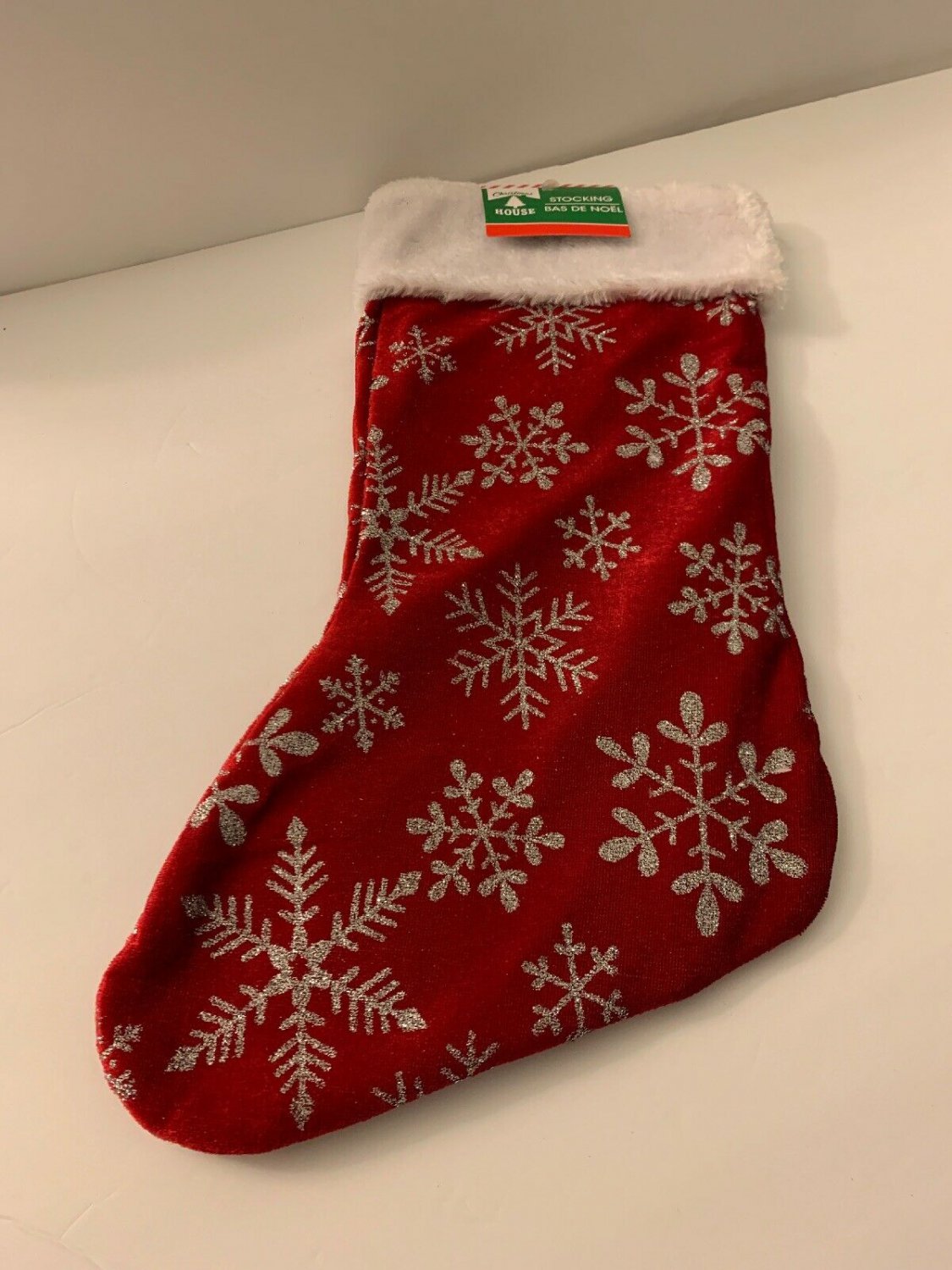 Red Christmas Stocking with Glitter Snowflakes Design