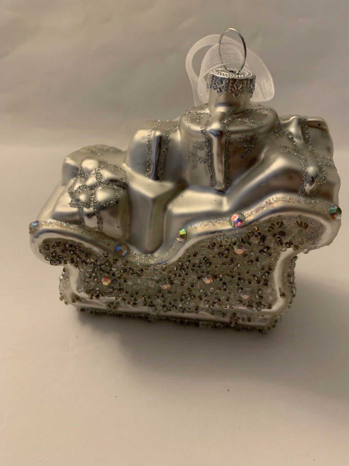 Silver Sleigh Shaped Christmas Tree Ornament Mercury Glass White Beaded Glitter