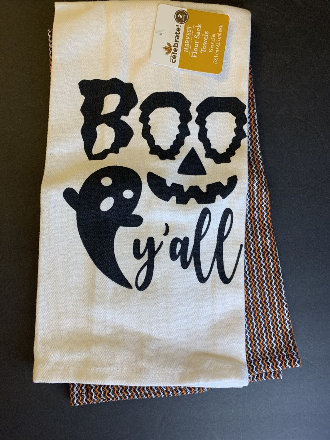 BOO Y'ALL Flour Sack Towel Set 2 pc White Orange Black Halloween Decoration NEW