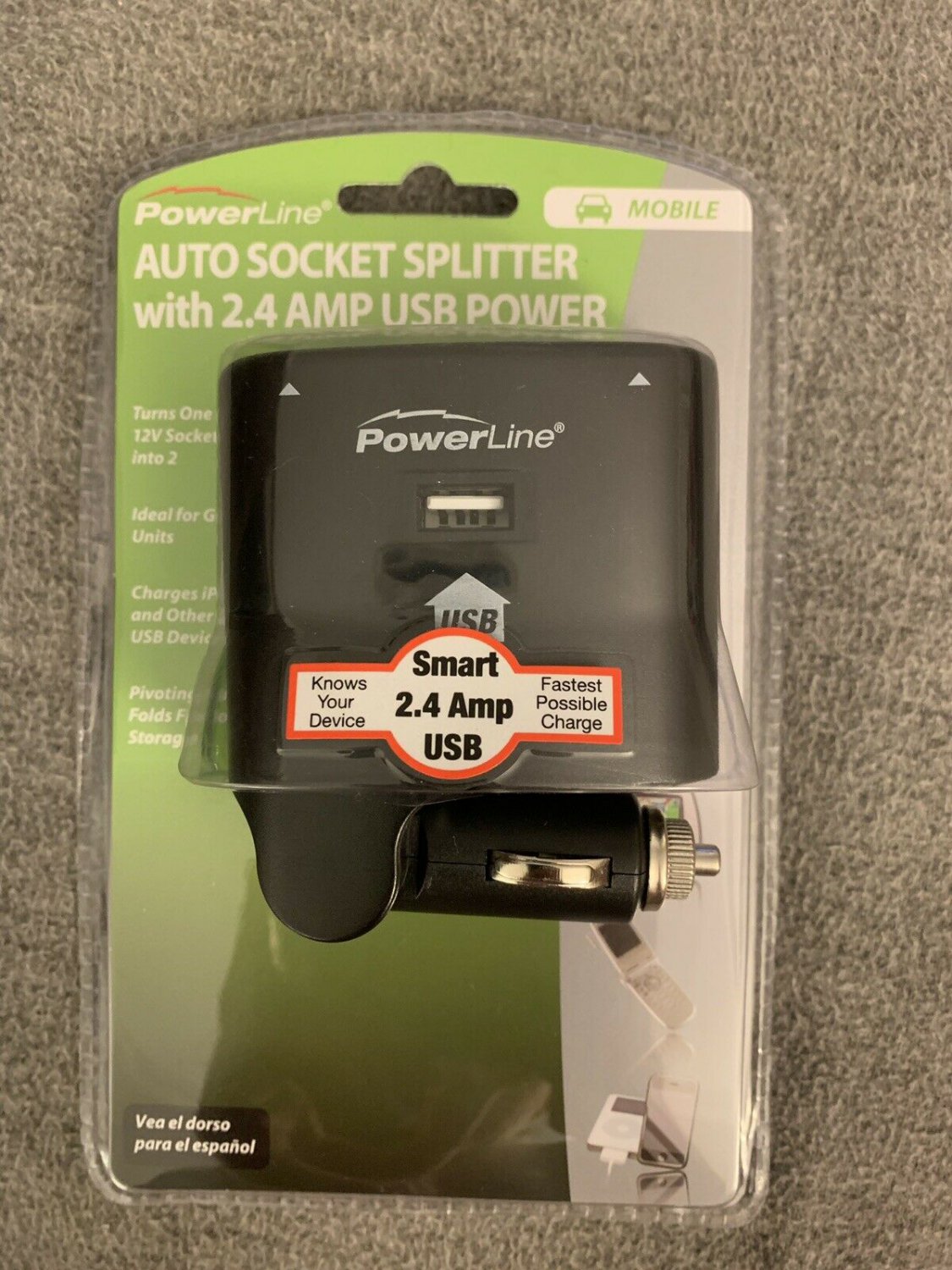 Powerline Auto Socket Splitter 2.4 Amp USB Power 90337 * New in package *(26A)