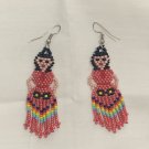 Huichol earrings, Mexican Folk handmade Jewelry Cute doll señorita. Pink/Red