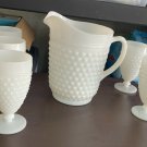 White Milk Glass Hobnail Style Pitcher and 5 Glass Set