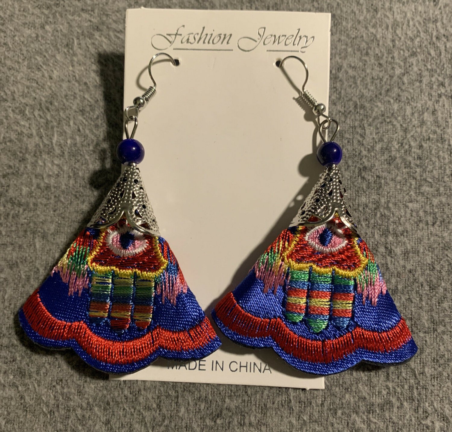 Embroidered Earrings Hook Red Blue Eye New
