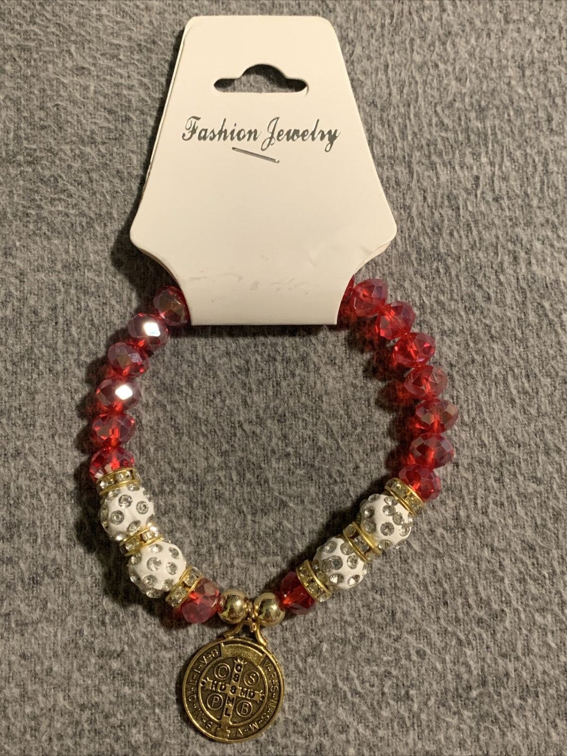 Stretch Bracelet St Benedict Medal With Crystal Beads And Rhinestones NWT