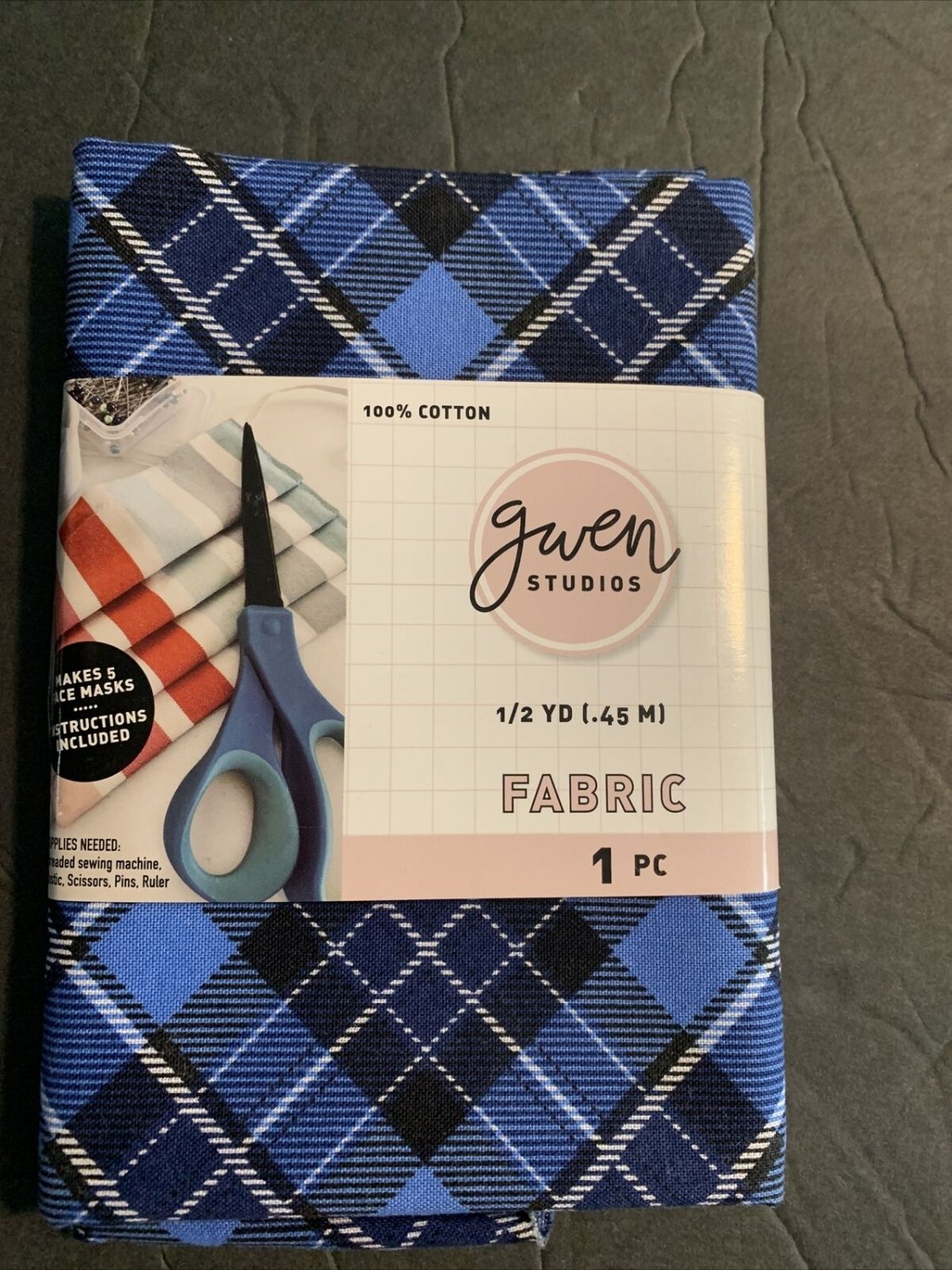 Gwen Studios 1/2 Yd Fabric Cotton Blue Plaid Face Mask Instructs NEW Craft