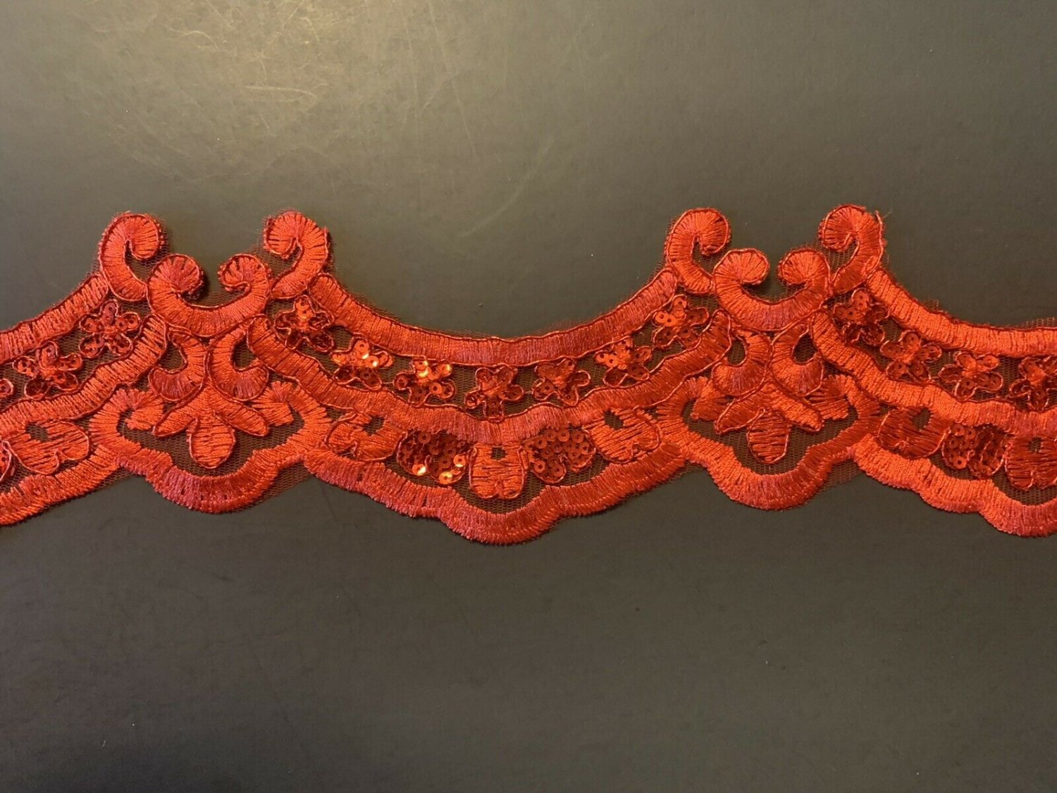 Red Embroidered lace trim. 1 yard pre cut