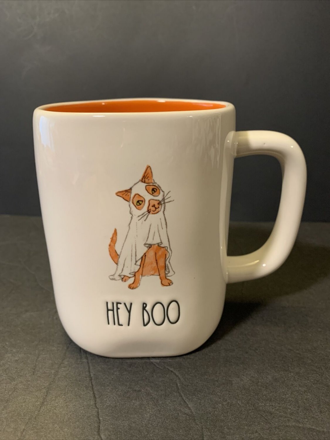 Rae Dunn HEY BOO Cat Ghost Costume Halloween Mug cup ceramic artisan LL Magenta