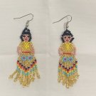 Huichol earrings, Mexican Folk handmade Jewelry Cute doll señorita. Gold Color