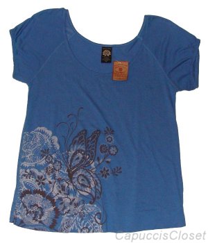 LUCKY BRAND JEANS WOMENS BLUE COTTON MODAL SCOOPNECK BUTTERFLY T-SHIRT TOP M NWT
