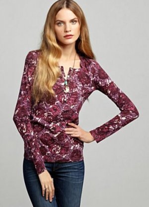 LUCKY BRAND JEANS WOMENS CARLY ROSE PRINT PINK HENLEY TEE SHIRT TOP SZ L NEW NWT