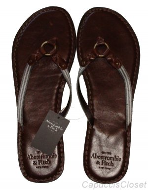 ABERCROMBIE & FITCH GREY GENUINE BROWN LEATHER FLIP FLOPS SANDALS L 9/10 NEW NWT