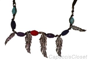 LUCKY BRAND JEANS WOMENS LEATHER SILVER FEATHER STONE NECKLACE NEW NWT $39