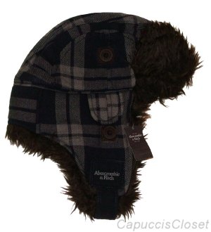 ABERCROMBIE & FITCH MENS GREY NAVY BLUE PLAID FAUX FUR TRAPPER HAT NEW NWT $58