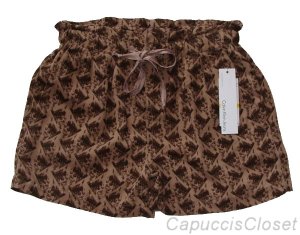 CALVIN KLEIN JEANS WOMENS FLOWY DRAWSTRING KHAKI BROWN PRINT SHORTS SZ 4 NEW NWT