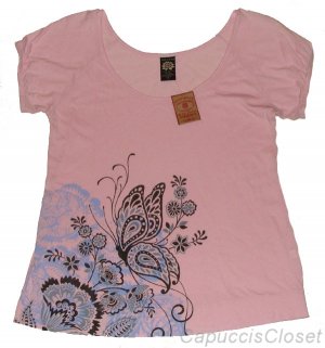 LUCKY BRAND JEANS WOMENS PINK COTTON MODAL SCOOPNECK BUTTERFLY T-SHIRT TOP L NWT