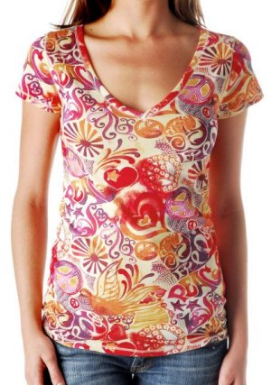 LUCKY BRAND JEANS WOMENS POP HEART MULTI PEACE SIGN SUN TEE SHIRT XS NEW NWT