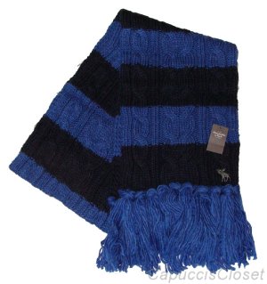 ABERCROMBIE & FITCH WOMENS BLUE NAVY CLASSIC CABLE KNIT WOOL STRIPE SCARF NWT
