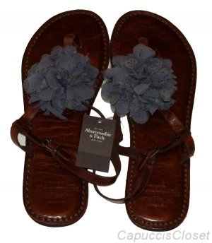 ABERCROMBIE & FITCH ROSETTE EMBELLISHED BROWN LEATHER FLIP FLOPS SANDALS M NWT