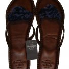 ABERCROMBIE NAVY BLUE ROSETTE EMBELLISHED BROWN LEATHER FLIP FLOPS SANDALS L NWT