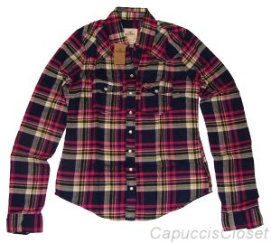 HOLLISTER CALIFORNIA ORANGE COUNTY NAVY PINK PLAID BUTTON DOWN SHIRT S NEW NWT