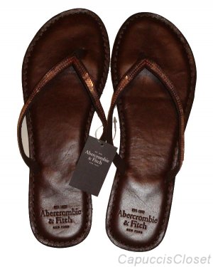 ABERCROMBIE & FITCH WOMENS BROWN SEQUIN LEATHER FLIP FLOPS SANDALS SZ L NEW NWT