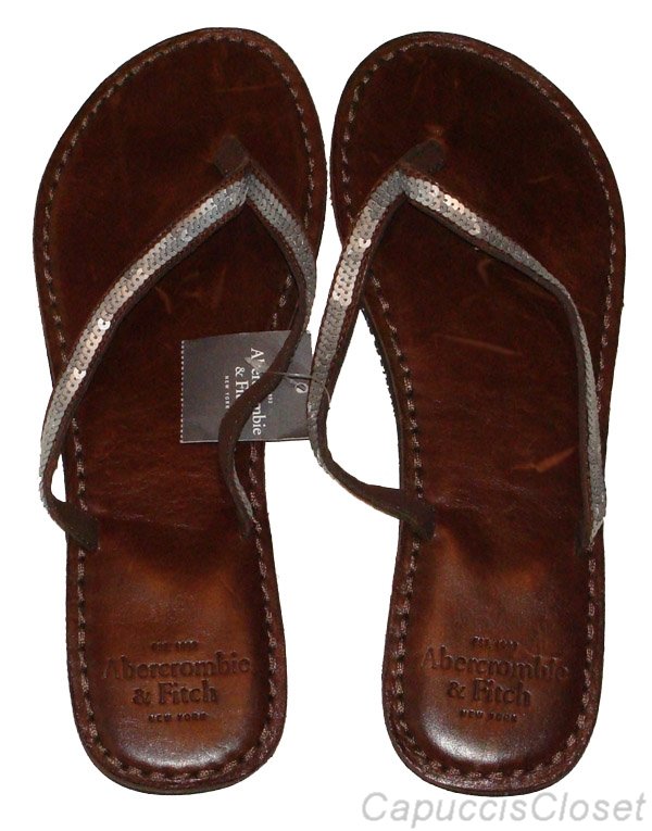 ABERCROMBIE & FITCH WOMENS BROWN SILVER SEQUIN LEATHER FLIP FLOPS