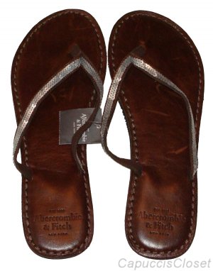ABERCROMBIE & FITCH WOMENS BROWN SILVER SEQUIN LEATHER FLIP FLOPS SANDALS L NWT