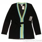 EXCLUSIVELY MISOOK BLACK LIME TURQUOISE BELTED CARDIGAN KNIT SWEATER L NWT $398